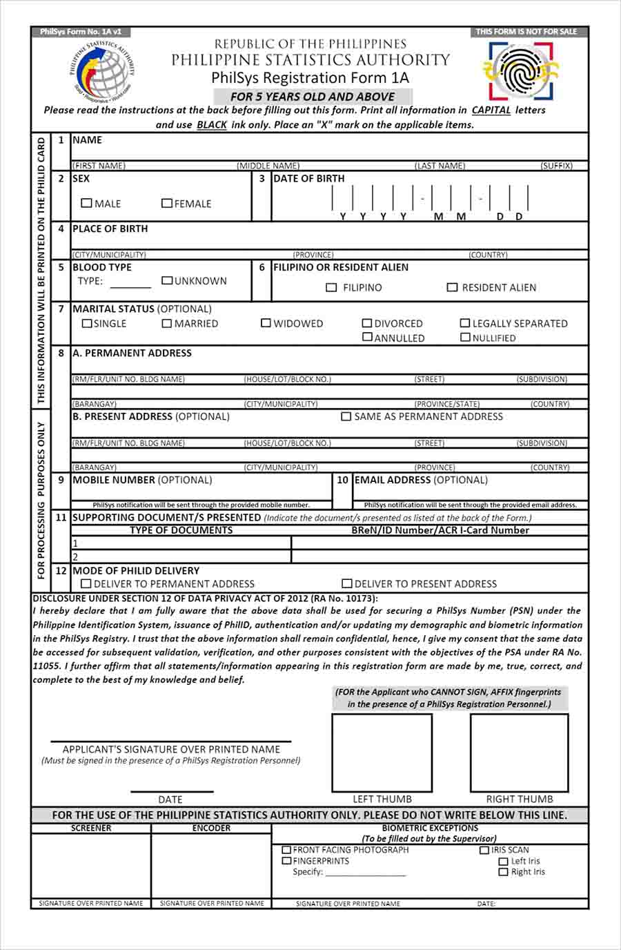 PSA PhilSys Registration Form 1A