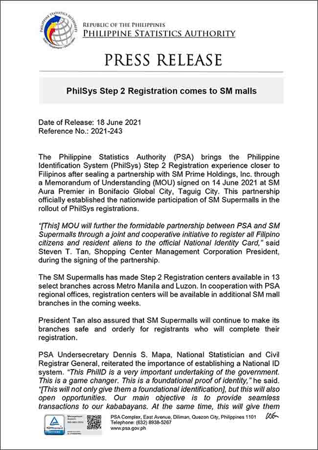 PSA and SM Malls sign MemoranduPSA and SM Malls sign Memorandum ID registrationm ID registration